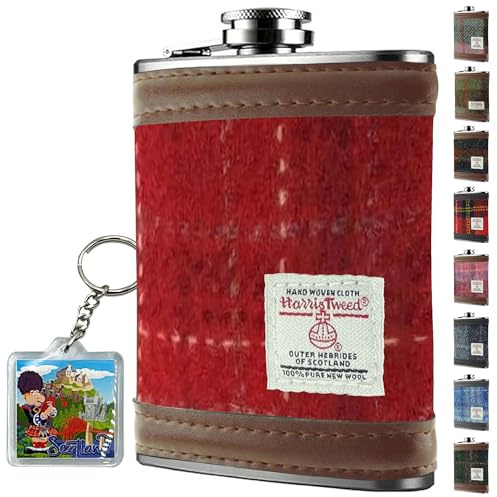 Flasque enveloppée en tweed Harris de 177,1 g – Acier inoxydable – Flasque pour alcool pour homme – Joli cadeau pour whisky, rhum, témoin d'honneur, témoin, mariage, camping – HF2100 (carreaux rouges)