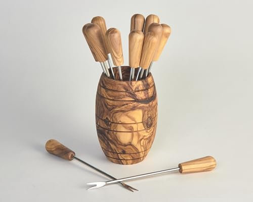 Pack 12 XL Brochettes 15 cm Pour Escargots Fourchette à Fondue Barbecue Bois d'Olivier Bois d'Olivier Acier Inoxydable Avec Support Tonneau d'Olivier