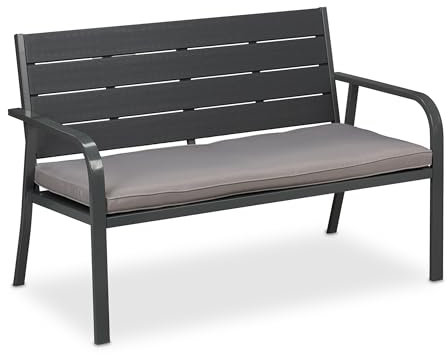 Relaxdays Gartenbank incl Sitzkissen, Holzoptik, HBT: 78 x 118 x 66 cm, 2-Sitzer, stabile Balkonbank, Sitzbank, grau