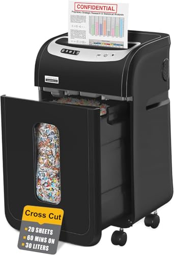 Vidateco 20 Sheet Cross Cut Heavy Duty Shredder for Business Office | 60 Mins Continuous Run, P4 Security, Auto Jam Proof , Shred Card Staple Clip, 30L Pullout Bin With 4 Rolling Casters