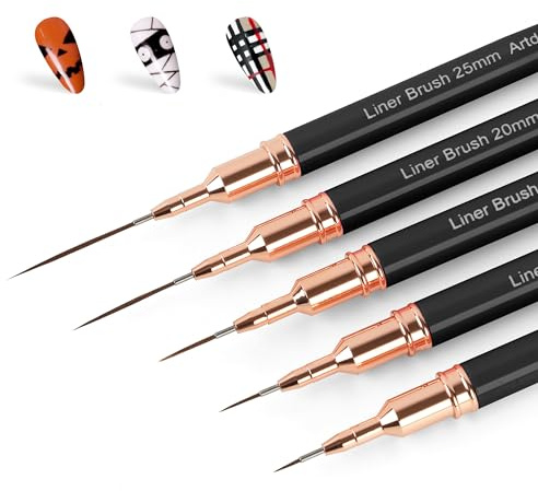 Artdone Metallic Nail Art Pens, Liner Brushes Set, 5PCS Black Color Nail Tools For Long Lines, Thin Details, Fine Drawing, Liner Brush UV Gel Polish Painting Nail Design Sizes 5/8/12/20/25mm