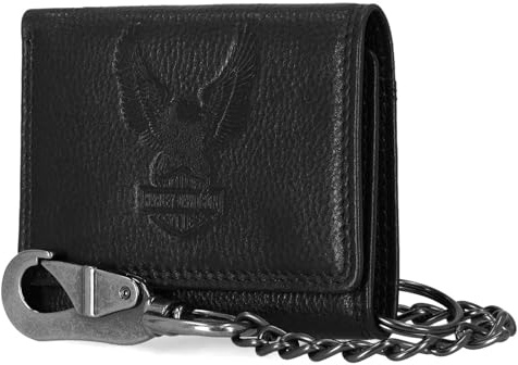 Harley-Davidson Men's Embossed Eagle Tri-Fold Snap Chain RFID Wallet, Black