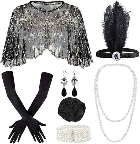 8 Stück 20er Jahre Kostüm Damen Set, 1920er Accessoires Damen Kopfschmuck, Perlenkette, Ohrringe, Handschuhe, Strümpfe, Federboa, Perfekt für Charleston Kleid und Retro Events im Stil der 1920er Jahre