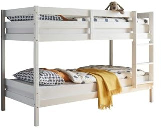 Etagenbett >Moritz< in Weiß aus Kiefernholz, teilmassiv, flexibel als Hochbett oder Einzelbetten nutzbar, inkl. 2x Rollrost, Maße 200x90 cm Liegefläche, sicher & platzsparend, 97x140x207cm (BxHxT)