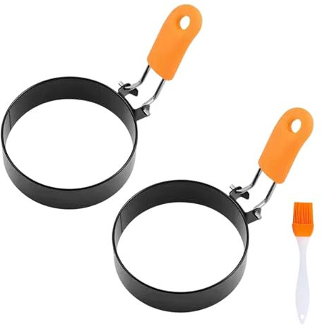2PCS Egg Ring, Egg Rings for Frying with Stainless Steel, Non Stick Circles for Fried Egg, Egg Frying Rings with Handle and Brush, Egg Ring Molds for Fried Egg Sandwiches Frying, Kitchen Cooking Tool