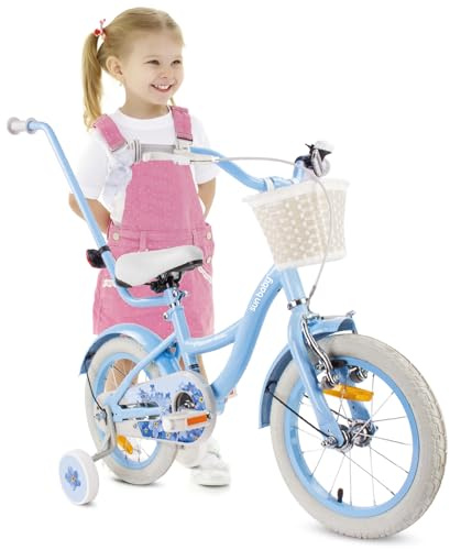 sun baby FLOWER BIKE Barncykel för en flicka 14 tum, Flickcykel 2-6 år, Cykel för barn med stödhjul, pushbar, justerbar sadel och styre (Blå)