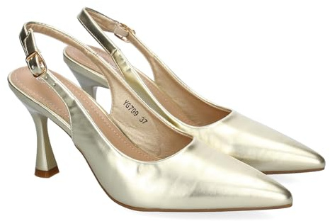 shoes&blues.es 89758 Zapato para Mujer, Estilo Salon, con Tacon, Puntera Fina, Talon Abierto y Hebilla Ajustable. Oro Talla 39
