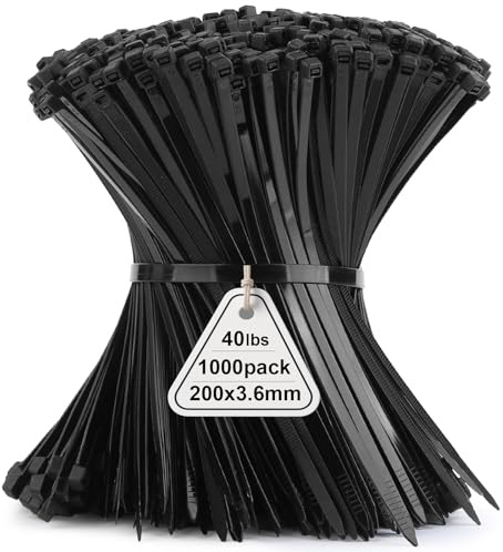 Viuxule 1000 Pack Cable Ties, 200 x 3.6mm Zip Ties, Black 8 inch Nylon Industrial Tie Wraps Tensile Strength 40 lbs, Self-Locking Zip Ties with UV-Resistant for Gardening, Office, Workshop, Outdoor