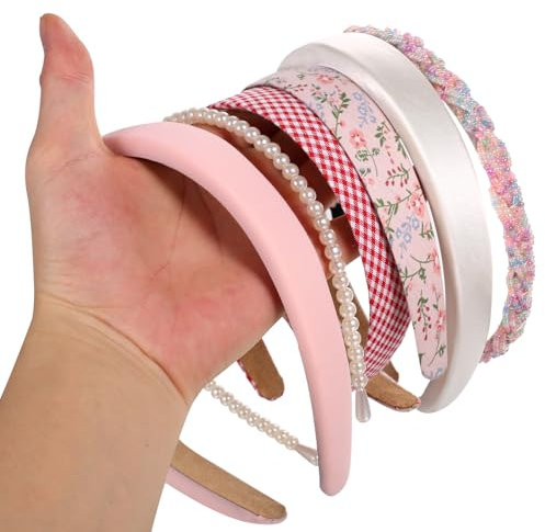 7 Stück Haarreifen Damen Set, verschiedene Modelle Haarreif Stirnband Set, Knoten Polsterung Perlen Stirnbänder Set, Vintage Rutschfestes Haarband für Mädchen Damen Haarschmuck(Rosa)