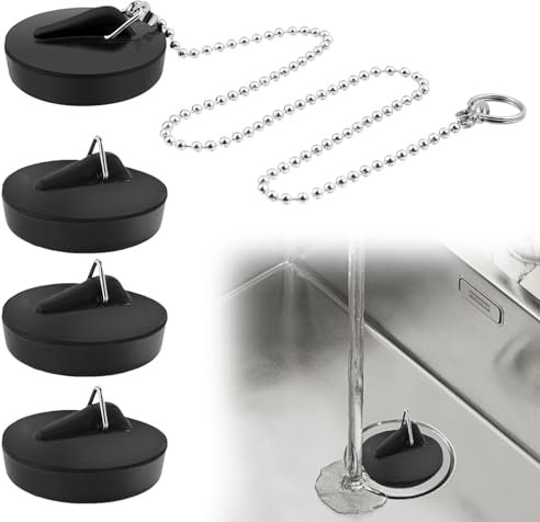 4 Stück Abflussstopfen Schwarz Stöpsel für Spülbecken Stöpsel Waschbecken Waschbeckenstöpsel mit 20cm Kette für Badewanne,Küche,Waschbecken,Abfluss