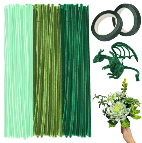 bssmmai 300 piezas de limpiadores de tuberías verdes para manualidades, limpiadores de tuberías con 2 cintas adhesivas verdes, set de 3 diferentes limpiadores de tuberías verdes para flores, alambre
