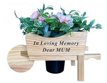 Memorial Mum Wooden Wheelbarrow With Black Pot And Flowers Funeral Graveside Ornament