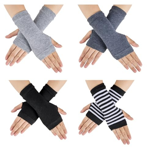 Sucrain 4 Pairs Fingerless Gloves with Thumb Hole Wrist Warmers Half Finger Typing Gloves for Women Men