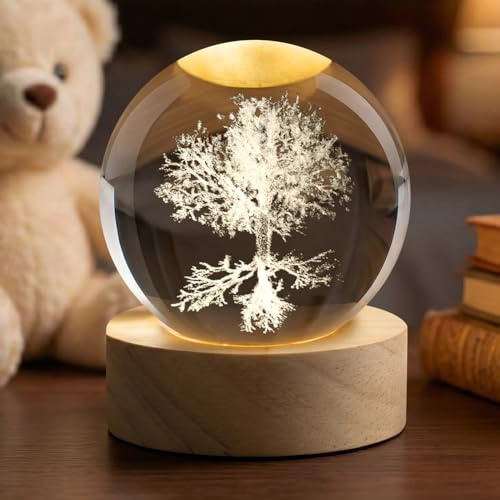 AOOTE Boule de cristal 3D Arbre de Vie, boule décorative en verre avec socle en bois et lumière, interface USB avec interrupteur, ornement pour la décoration intérieure,cadeau d'anniversaire