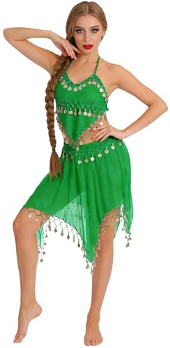 Wildarms Disfraz de Danza del Vientre de Carnaval Mujer Conjunto 2 Piezas Top y Falda con Lentejuelas, Traje Premium para Fiesta y Escenario (FR/ES, Letras, Talla única, Regular, Regular, Verde)