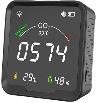 WiFi Air Premium 3 en 1 para humedad — Detector de dióxido de carbono para interiores con alarma ± 50 ppm de precisión alimentado por USB-C, maniobrable para oficina, hogar, aula (negro)
