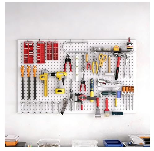 XILYZMO Panneau Perforé Mural pour Garage, Rangement Outils Garage Robuste, Support Métallique Acier Au Carbone 0,8mm, Capacité 226kg, Système D'Organisation pour Atelier(Blanc,150x100cm)