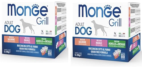 Monge Grill Adult Dog Multibox, Grain Free, Bocconcini Cotti al Forno, Salmone, Maiale, Agnello con Ortaggi, 24 Bustine da 100 g