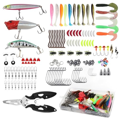LEIMEND 155 Stück Angelköder-Set mit Angel Köder Box Angel Zubehör | Angel Set Enthält Mischköder Softbait Spinner Wave Crawler und Jigkopf Geeignet Angelköder zum Süß- und Salzwasserfischen