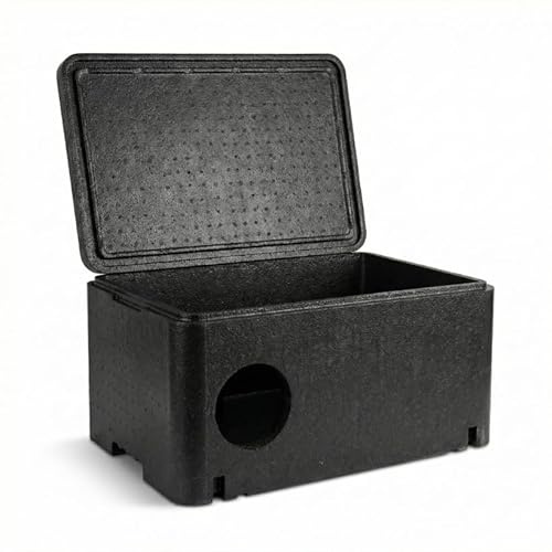 O-fish Premium Katzenhaus Isoliert Winterfestes Katzenquartier XL (60x40x30cm) – Outdoor Katzenhütte mit 26mm Wandstärke Wetterfeste Schlafhöhle für Katzen & Streuner – Thermobox Weiß – Black Edition