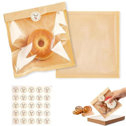 100 Pieces Film Front Paper Bags, 19x18cm Grease Resistant Bakery Bag | Cookie Packaging, Paper Sandwich Bags, Bakery Bags with 100 Stickers for Sandwiches, Toast, Sweets, Biscuits, Burgers, Chips