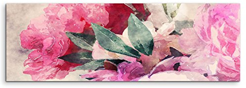 Paul Sinus Art Leinwandbild 150x50cm Bild – Rosen und Pfingstrosen in Wasserfarben Optik