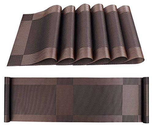 ISIYINER Tovagliette Lavabili In Pvc Antiscivolo Set Di 6 Con Corridore Da Tavolo Abbinato Da 12 × 71 Pollici Per Tavolo Da Cucina Di Casa, Marrone
