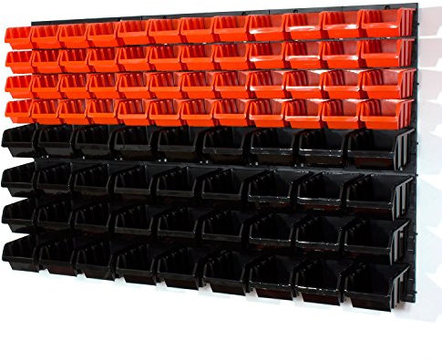 SimpleThing Lot de 84 boîtes empilables avec étagère murale 120 x 80 cm | Étagère de rangement murale à outils, atelier, garage, panneaux muraux noirs, oranges