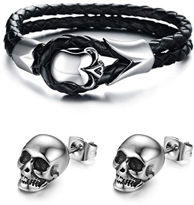 Aroncent Conjuntos de Joyerías para Hombre de Elemento de Cráneo Pendientes Platas y Pulseras de Cuero PU y Acero Inoxidable para Halloween Fiestas Regalo de Estilo Punk Rock
