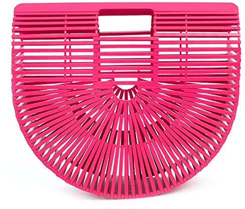 RULER TRUTH Women's Bamboo Handbag Small Straw Purses and Handbags Handmade Woven Tote Bag for Summer Beach Pink Red