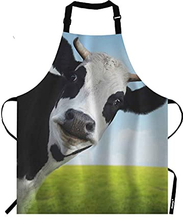 Moslion Divertido delantal de vaca, vaca lechera sobre hierba, ganado lechero, babero ajustable para hombres y mujeres, adecuado para cocina, camarera, chef