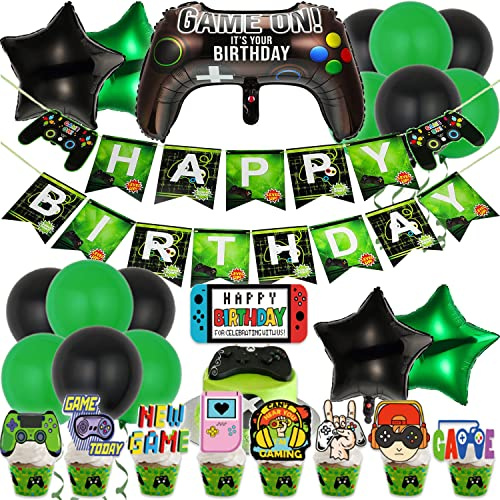 43 Stück Gamer Deko Geburtstag, Videospiel Geburtstagsdeko, Spiel Party Deko für Gamer, Spiel Partyzubehör Set mit Happy Birthday Banner, Game Controller Luftballons, Latexballon, Cupcake-Dekoration