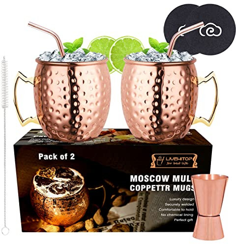 LIVEHITOP Moscow Mule Copper Mugs Set of 2, 19.5Oz Copper Cups with Jigger Coasters for Cocktail, Cold Drink, Home, Bar, Party