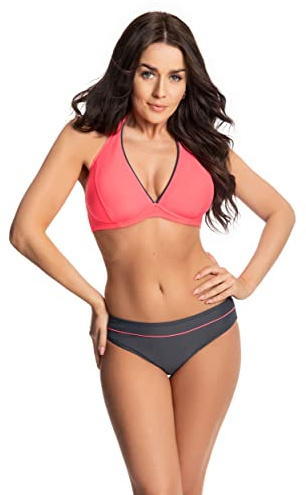 Selente My Secret Bikini badmode tillverkad i EU i stora storlekar (C-kupa till H-kupa), Neckholder rosa/grå, 80B