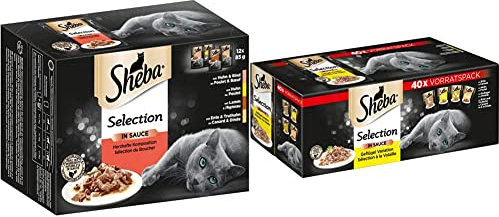 Sheba – Katzenfutter Herzhafte Komposition in Sauce für ausgewachsene Katzen – Maxi-Pack 48 x 85g Katzennahrung & Selection in Sauce, Katzenfutter im Frischepack, 40x85g