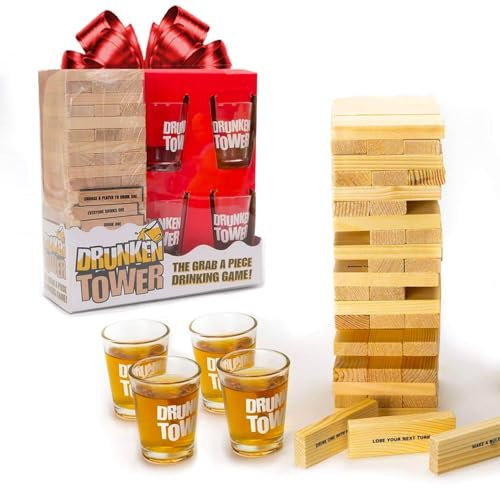 Original DrunkenTower® | Agarra una Pieza con desafíos | 60 Bloques de Madera | 4 Vasos de chupito | Juego de Beber | Bebidas Fiesta | Fiesta en la casa | OriginalCup®
