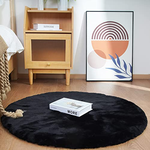 Ghouse Tapis Rond Noir Chambre 90cm Moelleux Tapis Fausse Fourrure Doux Salon Lavable Descente De Lit Poil Ras