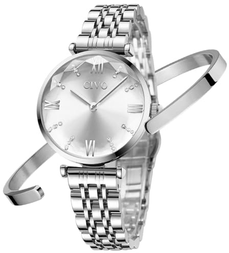 CIVO Damen Uhren Set Edelstahl Wasserdicht Silber Mode Kleid Elegant Beiläufig Designer Quarzuhr für Damen