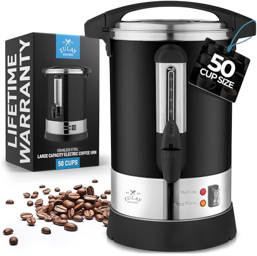 Zulay Kitchen Commercial Grade Coffee Maker Hot Water Urn - Percolator With Double-Wall Stainless Steel, Quick Brew, Stays Hot for Tea & Beverage at Events & Catering - Black - 50 cups