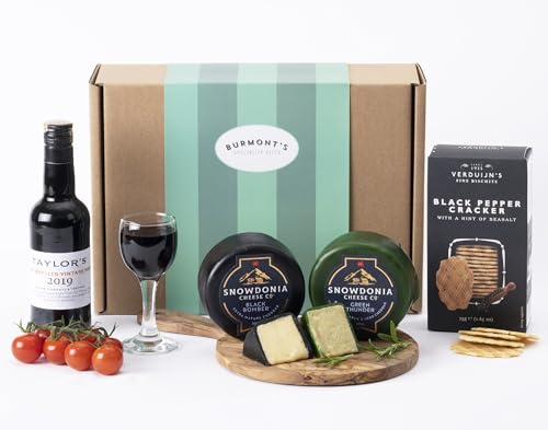 Snowdonia Cheese & Port Hamper - Taylor's 2017 Vintage Port & Cartwright & Butler Wafers - Snowdonia Black Bomber Extra Mature Cheddar & Green Thunder Garlic & Herb Cheddar - Exclusive To Burmont's