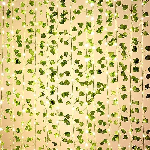 Guirlande lumineuse avec feuilles, Chaîne lumineuse de lierre 2m,Chaîne Lumières LED de Vigne, Artificial Green Leaf Ivy Vine with 20 LED Light, Spring Plants Decoration for Wall Wedding Party