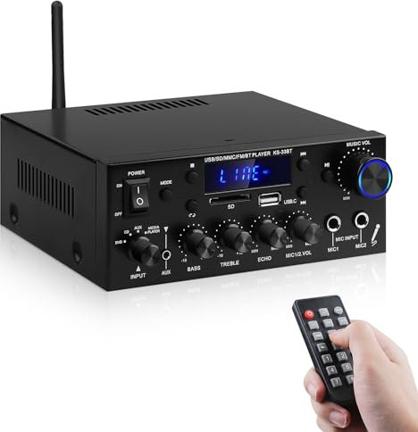 Audio-Verstärker für Zuhause, KS-33BT 2-Kanal Bluetooth5.0 HiFi-Verstärker, RMS 60W X 2 Max 400W X 2 Stereo-Verstärker Empfänger W/Echo, USB/SD/AUX/BT.C/FM Mikrofon für Heimkino, Auto, Party, Karaoke