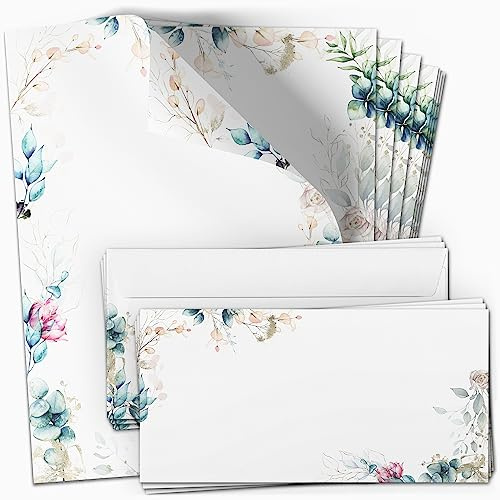 10 Briefpapier mit Briefumschlag Set | Romantisch Blumen Modern | Papier und Umschlag mit Design-Motiv bedruckt | 90 g/m²
