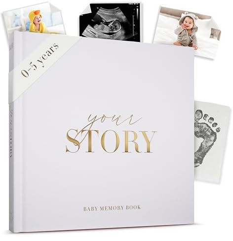 Baby-Erinnerungsbuch & Erinnerungs-Tagebuch für Jungen oder Mädchen | Babybuch von Geburt bis zum 5. Lebensjahr | Goldfolien-Hardcover, Fotoräume & Meilensteine | Unisex-Baby-Scrapbook