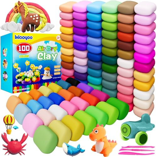 Ixiaoyoo Air Dry Clay, Modelling Clay for Kids, DIY Molding Magic Clay for with Tools, Soft & Non-Sticky, Toys Gifts for Age 3 4 5 6 7 8+ Years Old Boys Girls Kids (100 Colors)