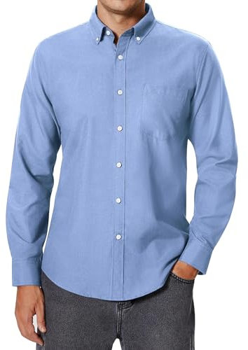 siliteelon Men's Oxford Shirt Long Sleeve Smart Casual Plain Regualr Fit Button Down Shirts with Pockt Blue L