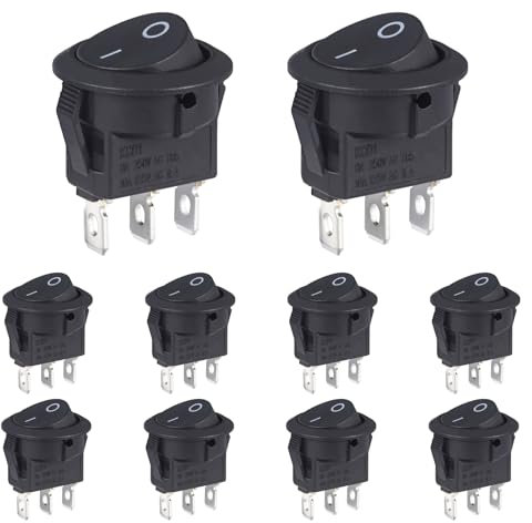 VEXUNGA Kippschalter Wippschalter 3 Polig Rund Schalter 6A 250V AC 10A 125V 3 Klemmen 2 Position Ein/Aus Schwarz Einbauschalter Selbsthemmung Quadratisch Runde Für Auto Boot (10 Stück)