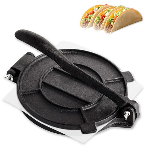 Cast Iron Tortilla Press, Heavy Duty Tortilla Pataconera, 10-inch Flour Tortilla Press with Foldable Handle, Taco press with Some Parchment Paper, Roti Maker, Black