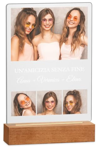 Maverton Cornice LED luminosa con supporto in legno - Quadro in vetro acrilico personalizzato con collage di foto - Lampada con foto per uomo per il compleanno - 15x24x4,5cm - Amicizia