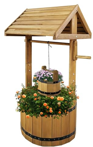 Vivo Technologies Large Wooden Wishing Well Planter Large Solid Pine Ornamental Outdoor Garden Plant Flower Pot Outdoor Ornament Decoration